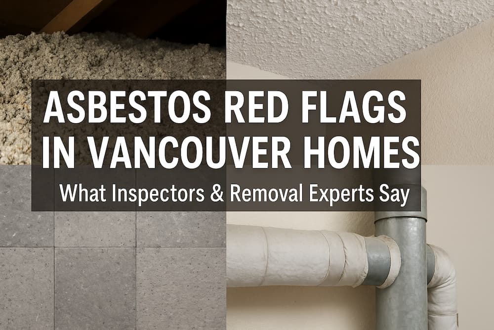 Visual guide showing common asbestos materials in Vancouver homes including insulation, popcorn ceiling, floor tiles, and duct wrap.