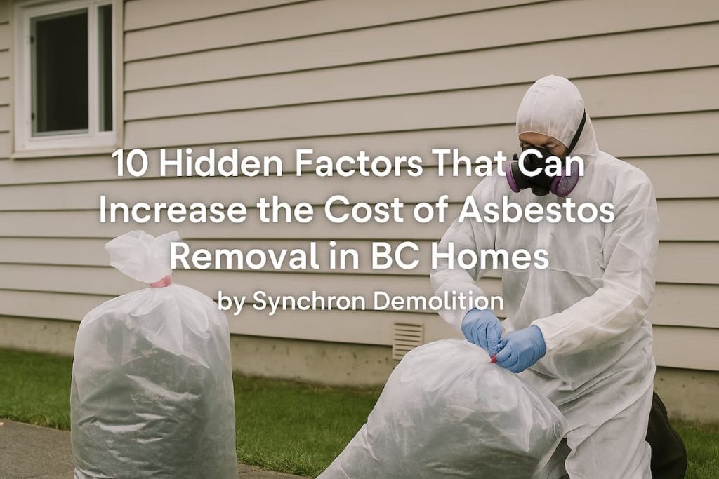 An asbestos removal technician in full protective gear seals hazardous waste bags outside a residential home in BC.