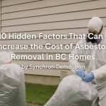 An asbestos removal technician in full protective gear seals hazardous waste bags outside a residential home in BC.